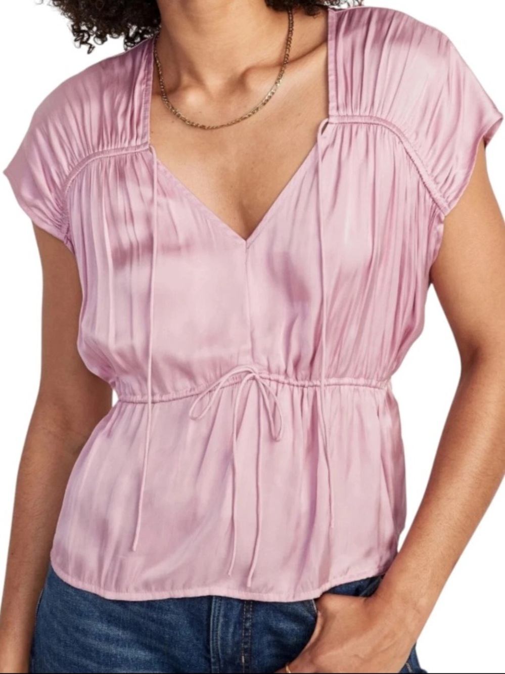 Old Navy Waist-Defined Satin Shirred Tie-Front Blouse